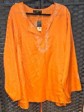 Venezia Embroidered Silk Blend Vibrant Orange Tunic Top